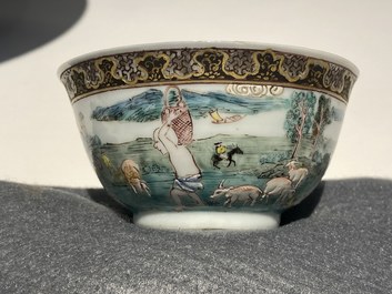A Chinese famille rose 'harvesting' cup and saucer, Yongzheng
